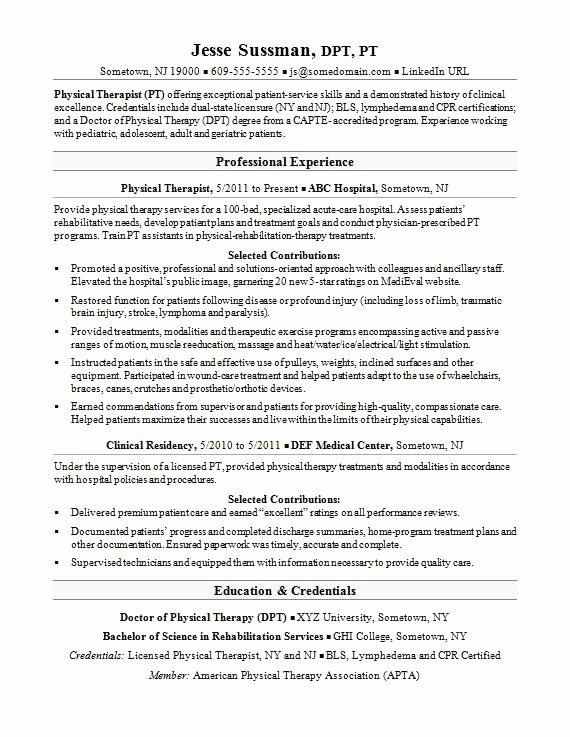 Physical therapy Student Resume Elegant Physical therapist Resume Sample