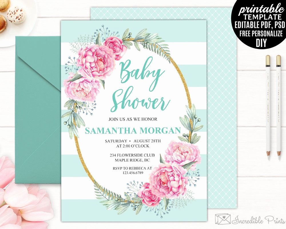 Pink and Gold Invitations Templates Fresh Mint Baby Shower Invitation Printable Blush Pink and Gold Florals Invite Template Editable