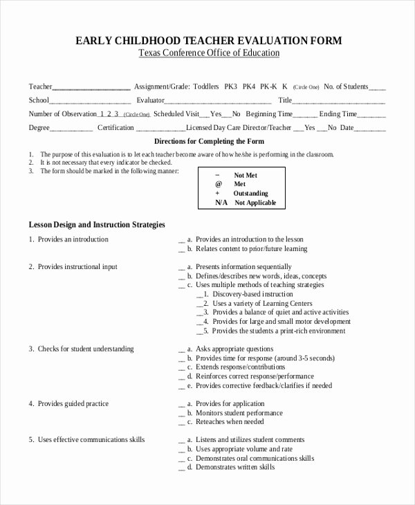 Preschool Teacher Evaluation form Elegant Free 10 Sample Teacher Evaluation forms