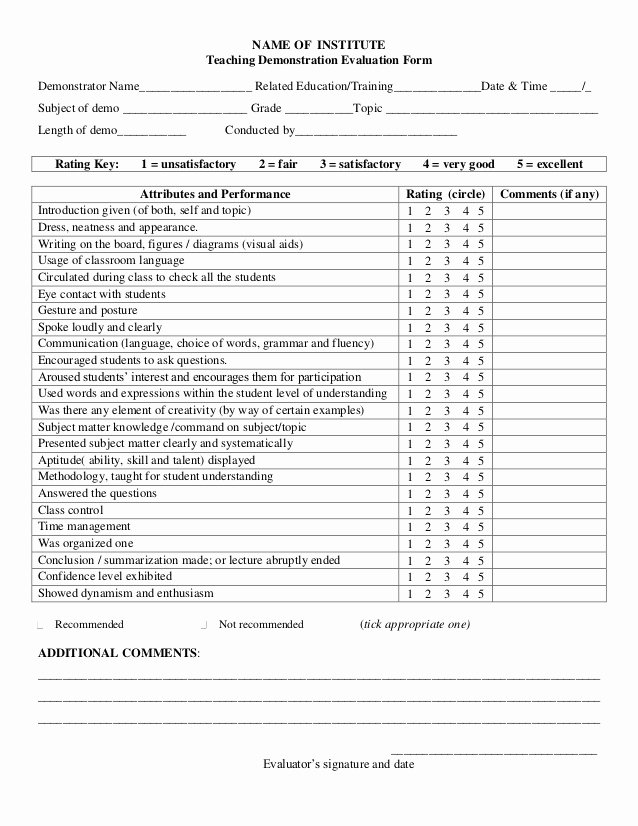 Preschool Teacher Evaluation form Elegant Teaching Demonstration Evaluation form