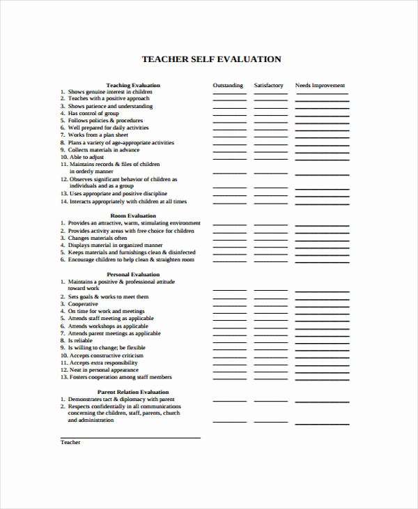 Preschool Teacher Evaluation form Fresh Free 30 Self Evaluation form Templates In Pdf
