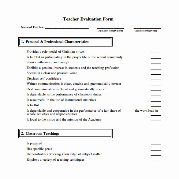 Preschool Teacher Evaluation form Fresh Teacher Evaluation form 8 Free Samples Examples &amp; formats