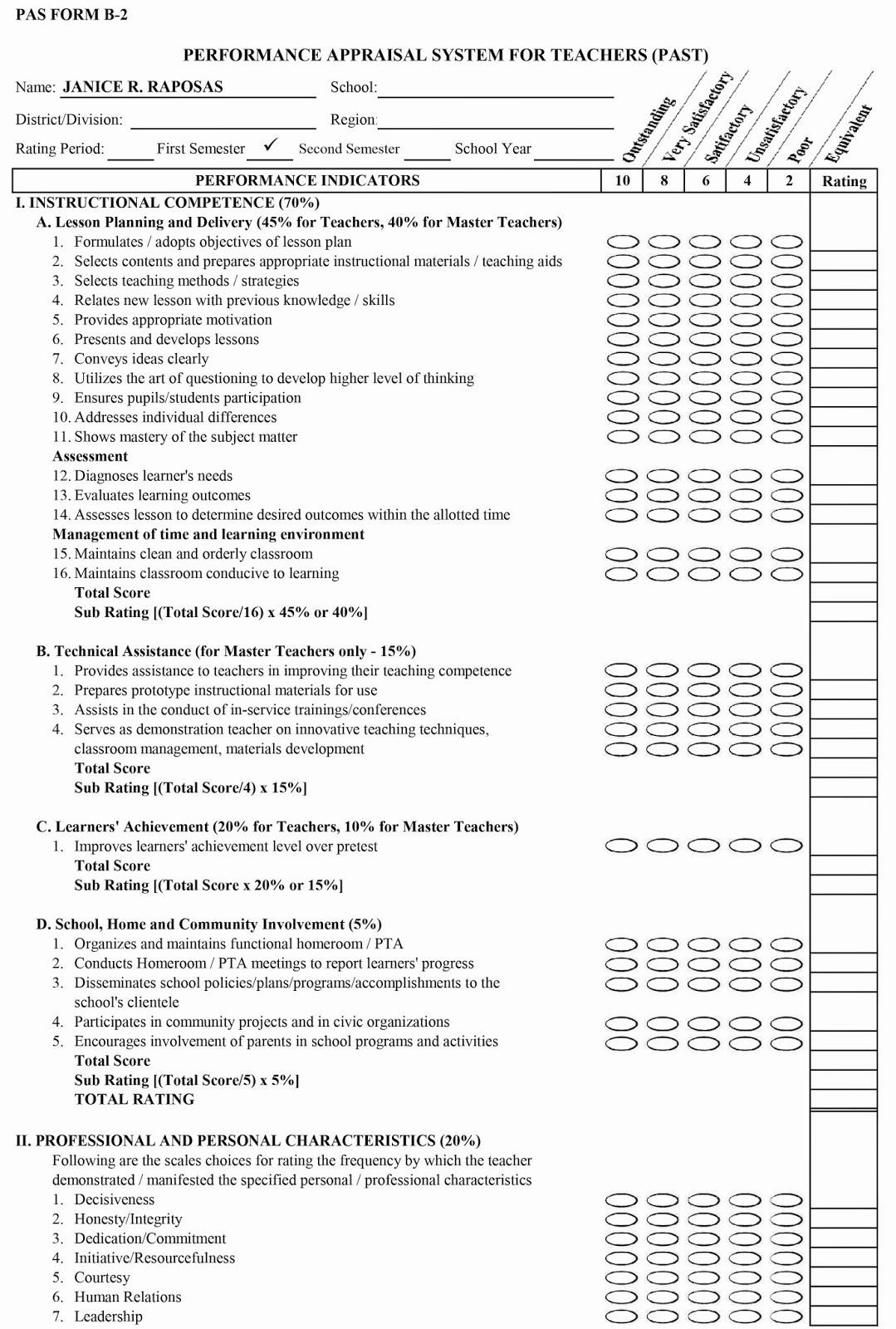Preschool Teacher Evaluation form Inspirational Performance Appraisal System for Teachers &amp; Master