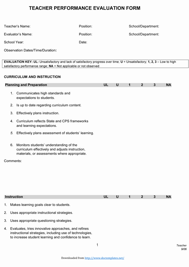 Preschool Teacher Evaluation form Inspirational Teacher Evaluation form Samples and Examples