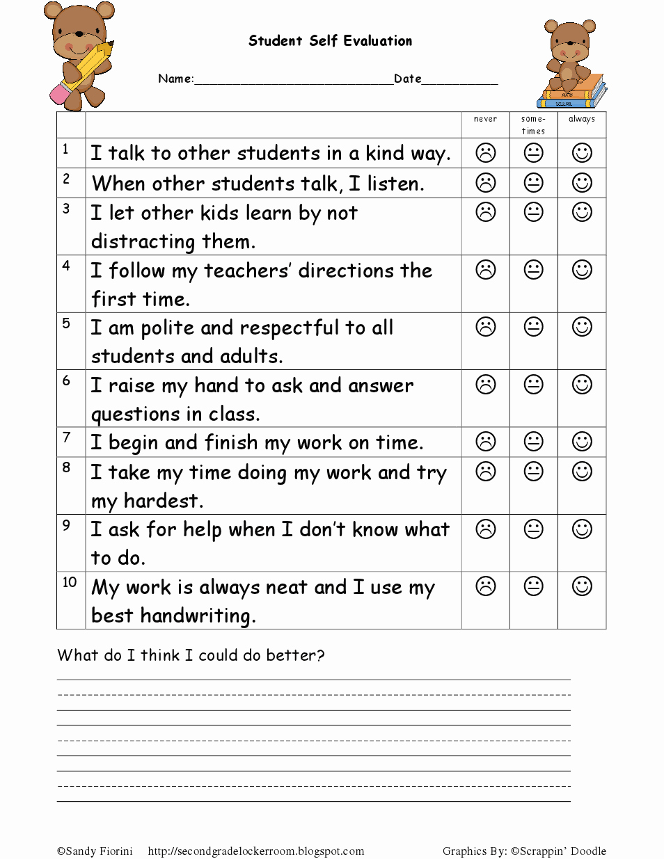 Preschool Teacher Evaluation form Lovely Student Self Evaluation toni and Chloe Ideas