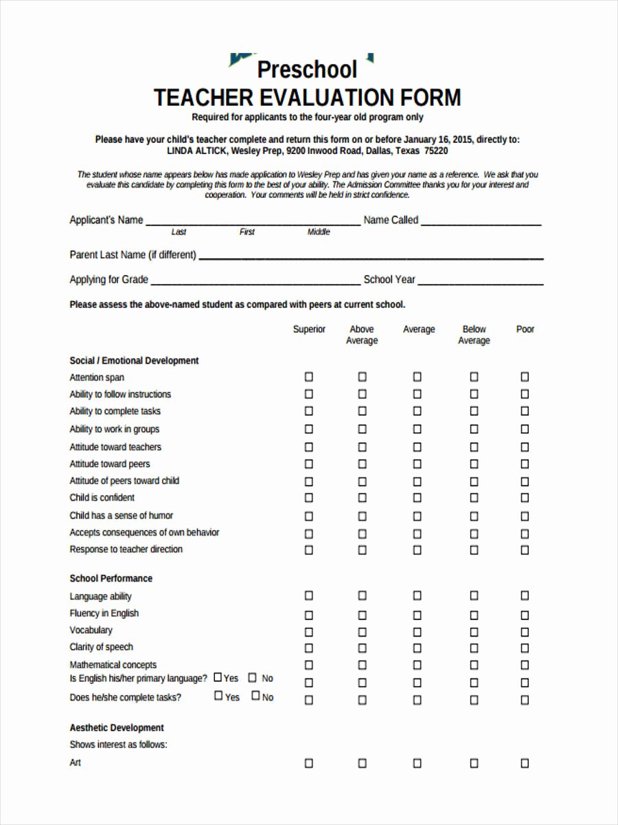 Preschool Teacher Evaluation form Unique Free 27 Performance Review forms