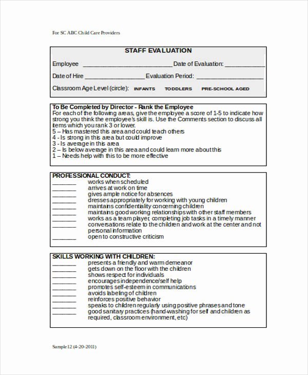 Preschool Teacher Evaluation forms Awesome Free 21 Self Evaluation form Examples