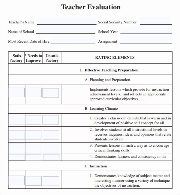 Preschool Teacher Evaluation forms Beautiful 5 Sample Teacher Evaluation forms – Pdf