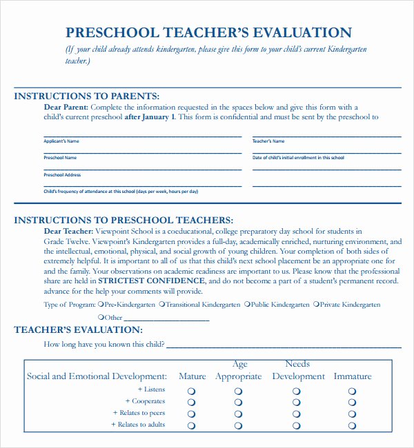 Preschool Teacher Evaluation forms Inspirational Sample Preschool Teacher Evaluation forms Do You Know How