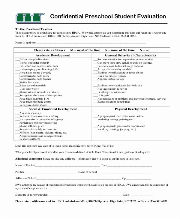 Preschool Teachers Evaluation forms Awesome Free 37 Student Evaluation form In Templates