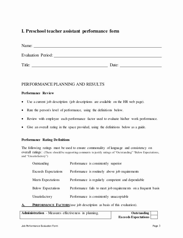 Preschool Teachers Evaluation forms Inspirational Preschool Teacher assistant Perfomance Appraisal 2