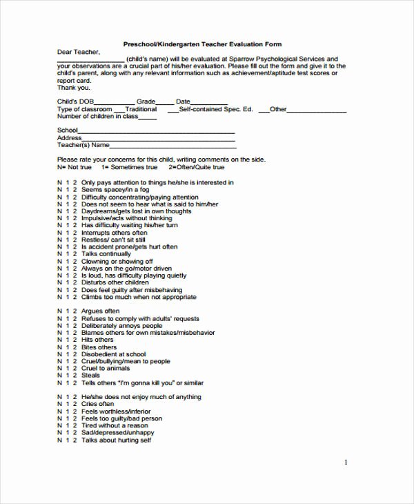 Preschool Teachers Evaluation forms Unique Free 30 Self Evaluation form Templates In Pdf