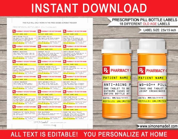Prescription Label Template Download Unique Prescription Pill Bottle Old Age Labels Printable Rx Candy Pills Birthday Party Favors or Gift