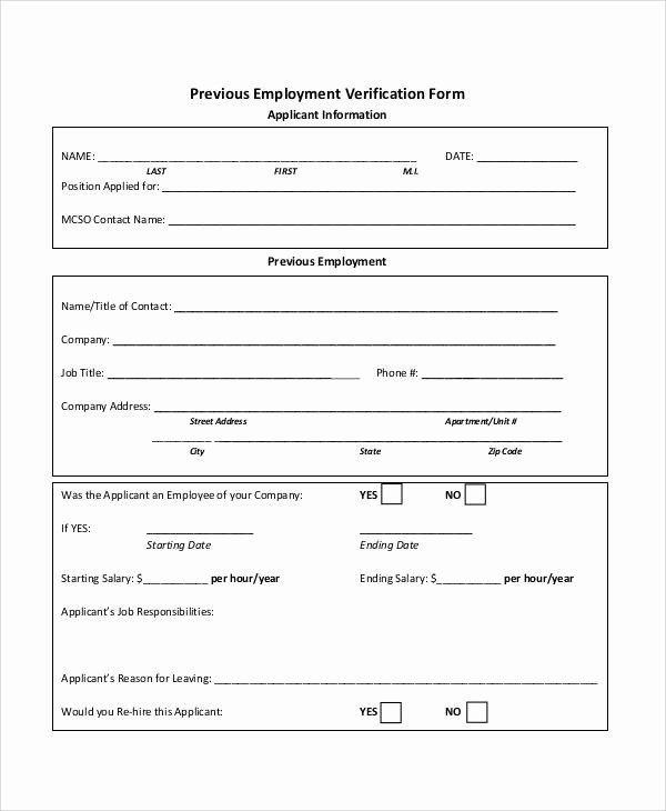 Previous Employment Verification form Lovely Verification form