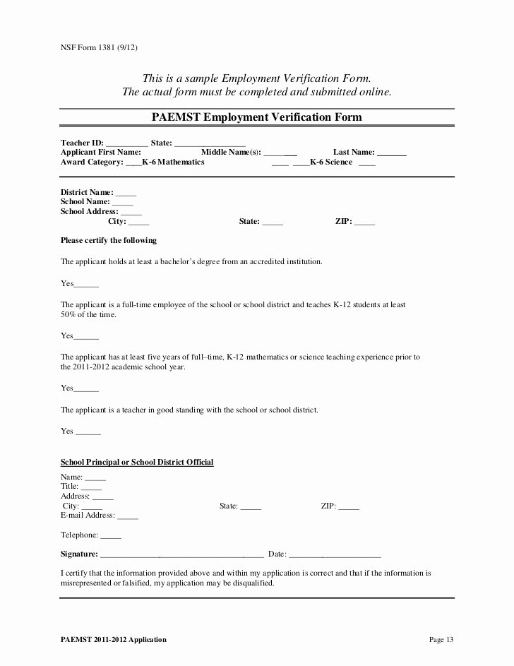 Previous Employment Verification form New Sample 2011 2012 Paemst Application Packet