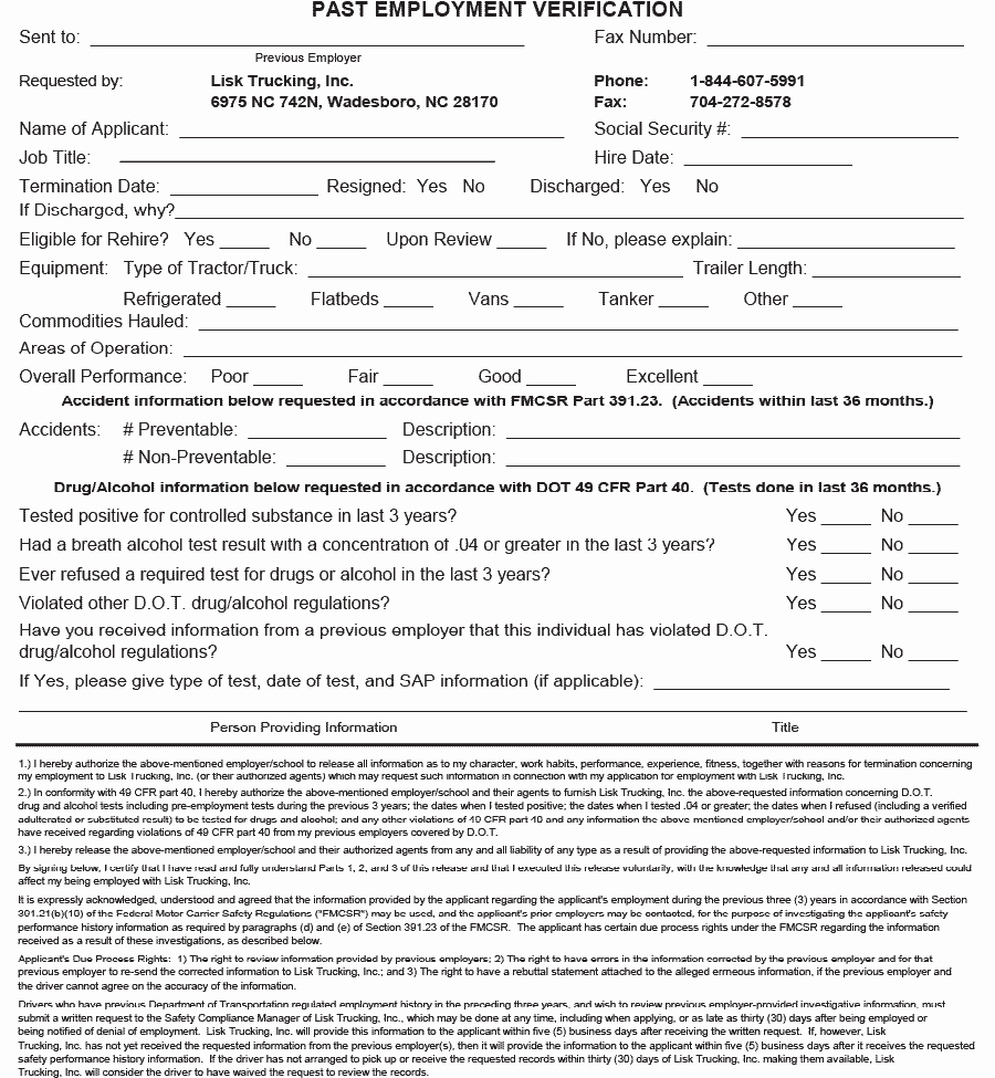 Previous Employment Verification form Unique Employment Application Page 1 – Lisk Trucking Inc