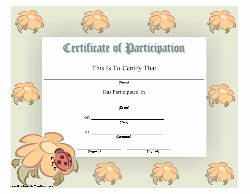 Printable Certificates Of Participation New A Printable Certificate Of Participation with Pretty orange Flowers and A Ladybug Free to