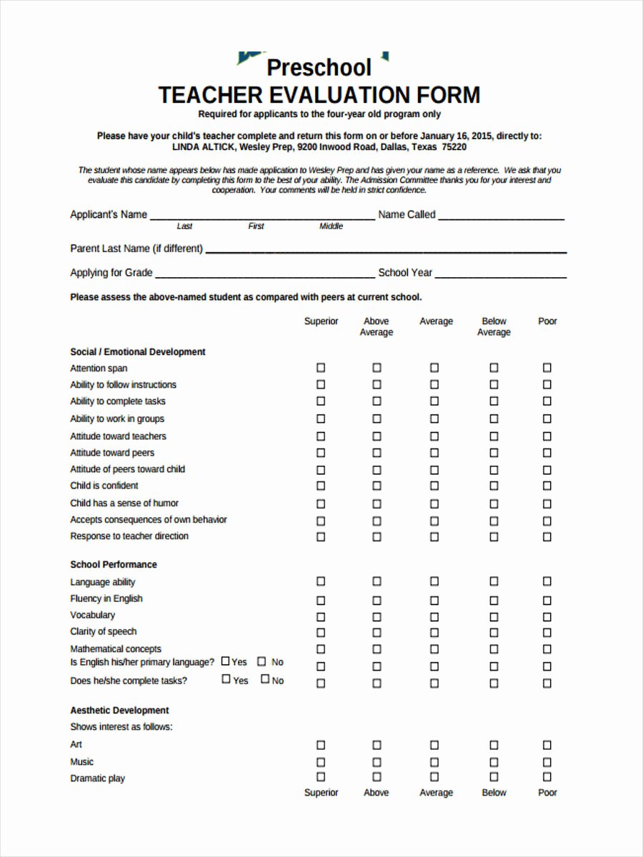 Printable Teacher Evaluation form Best Of Free Preschool assessment forms