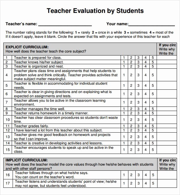 Printable Teacher Evaluation form New Teacher Evaluation form for Students Projects to Try