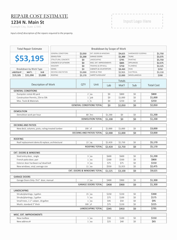 Property Repair Estimate Sheet Fresh Repair Cost Calculator House Flipping Spreadsheet