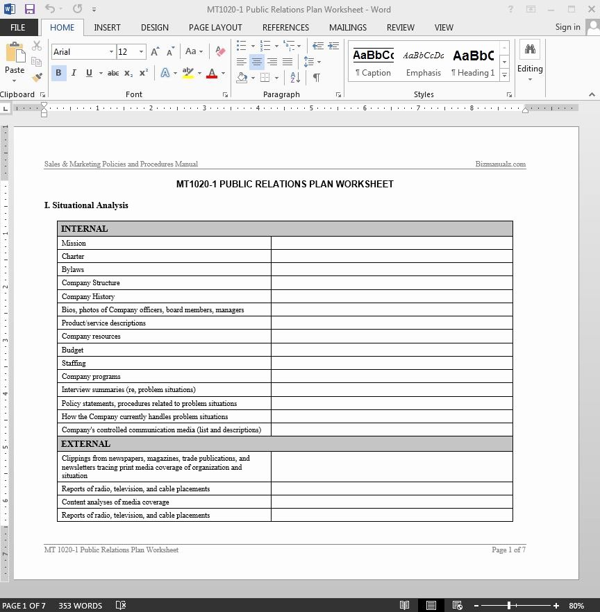Public Relations Proposal Example New Public Relations Plan Worksheet Template