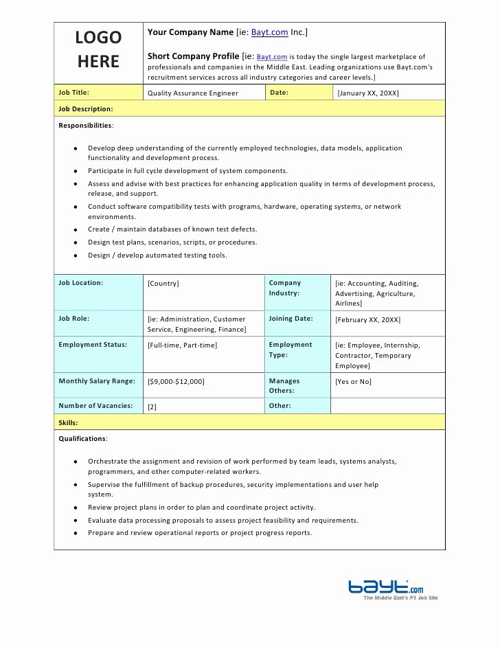 Quality assurance Plan Templates Awesome Quality assurance Engineer Job Description Template by Bayt