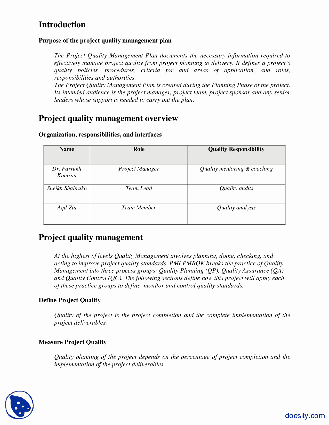 Quality assurance Plans Template Best Of Quality Management Plan Example Engineering Project Management Handout Docsity