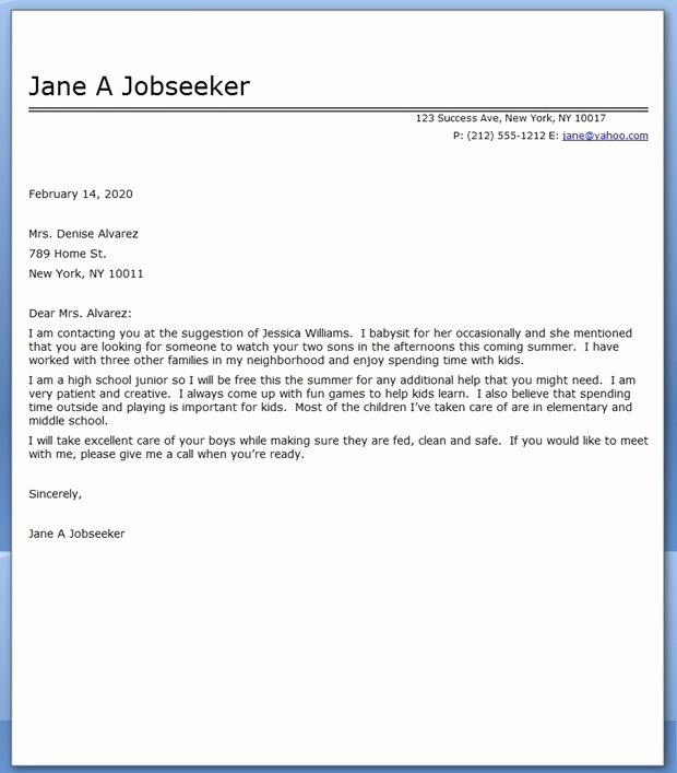 Reference Letter for Babysitter New Babysitter Cover Letter Sample Cover Letter for Resume