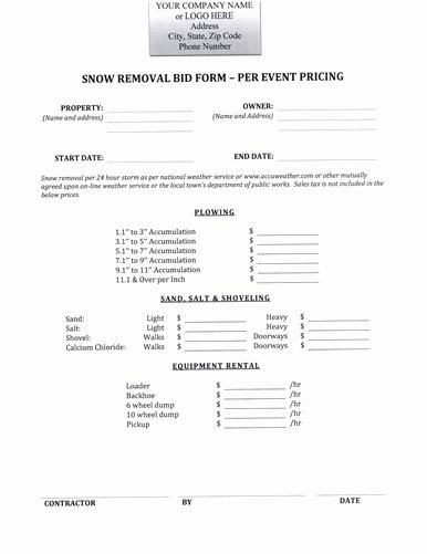 Residential Snow Removal Contract Template Inspirational Snow Removal Bid form $9 99 Download now