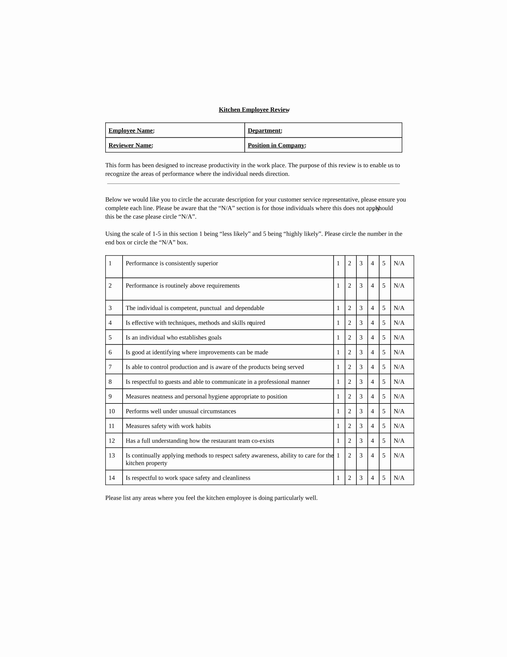 Restaurant Employee Evaluation form New Free 7 Restaurant Employee Evaluation forms In Pdf