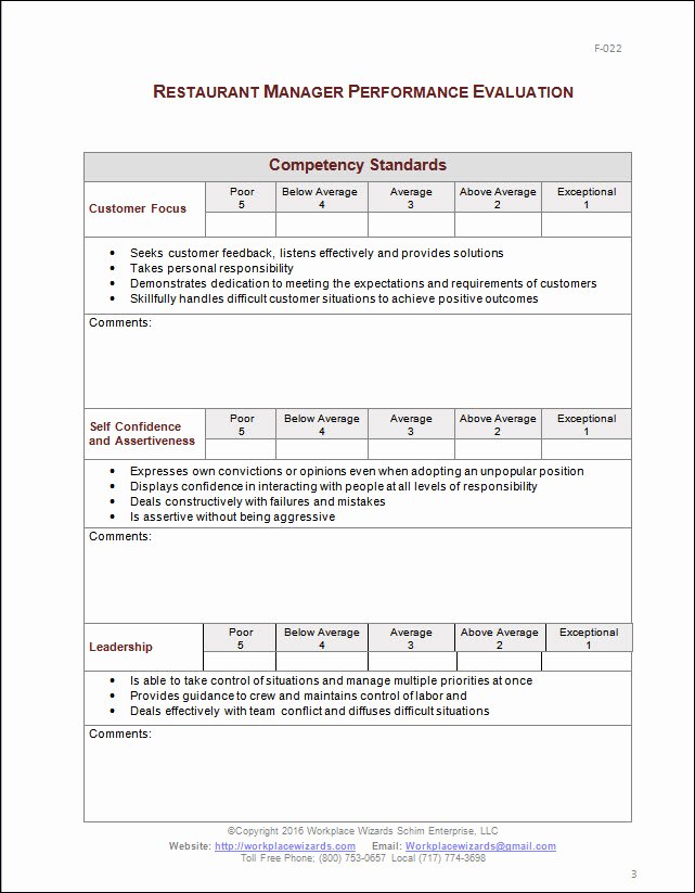 Restaurant Employee Evaluation form New Restaurant Manager Performance Evaluation form