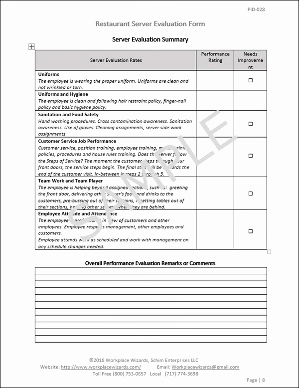 Restaurant Employee Evaluation form New Waiter Evaluation form – Workplace Wizards Restaurant Consulting