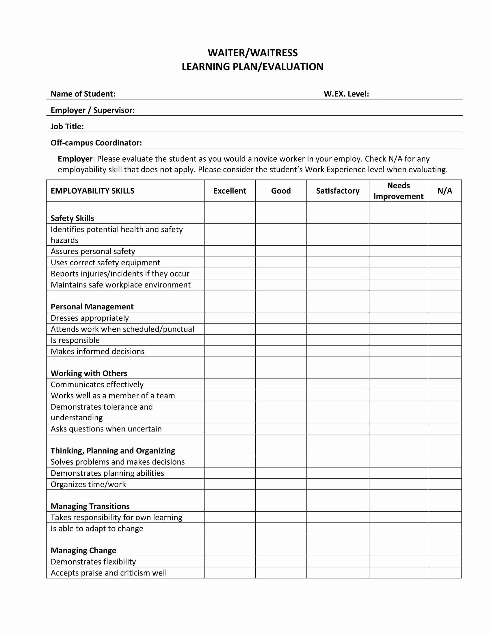 Restaurant Employee Evaluation form Unique Free 8 Restaurant Evaluation forms In Word