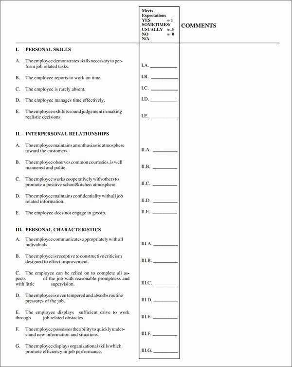 Restaurant Employee Evaluation forms Awesome Restaurant Employee Performance Evaluation form Sample forms