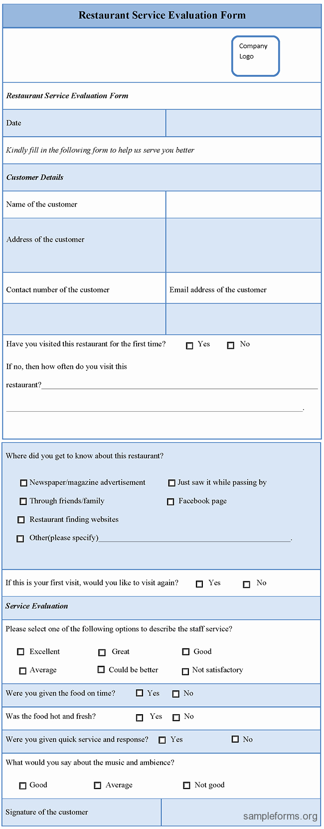 Restaurant Employee Evaluation forms Elegant Restaurant Service Evaluation form Sample forms