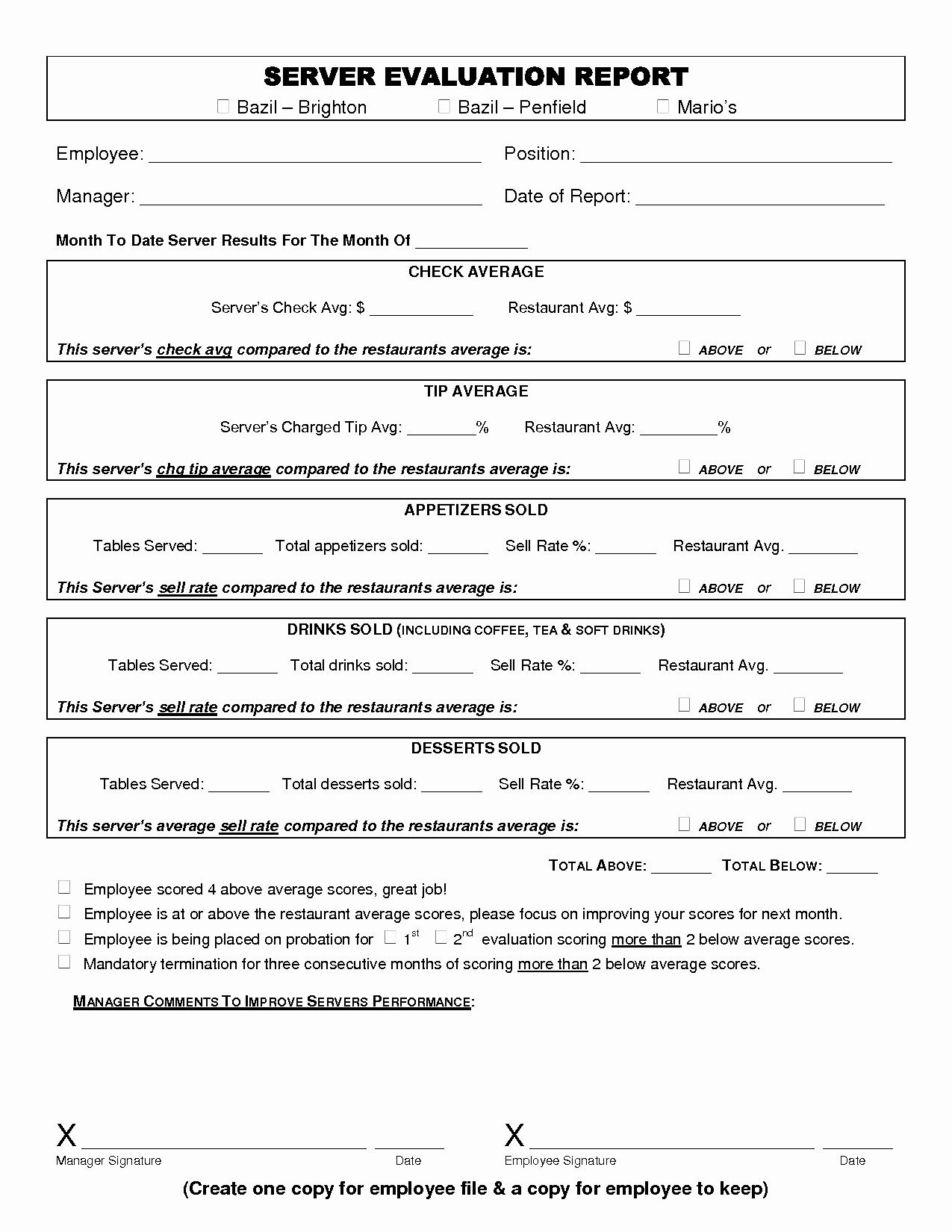 Restaurant Employee Evaluation forms Lovely Server Evaluation form Server Evaluation form
