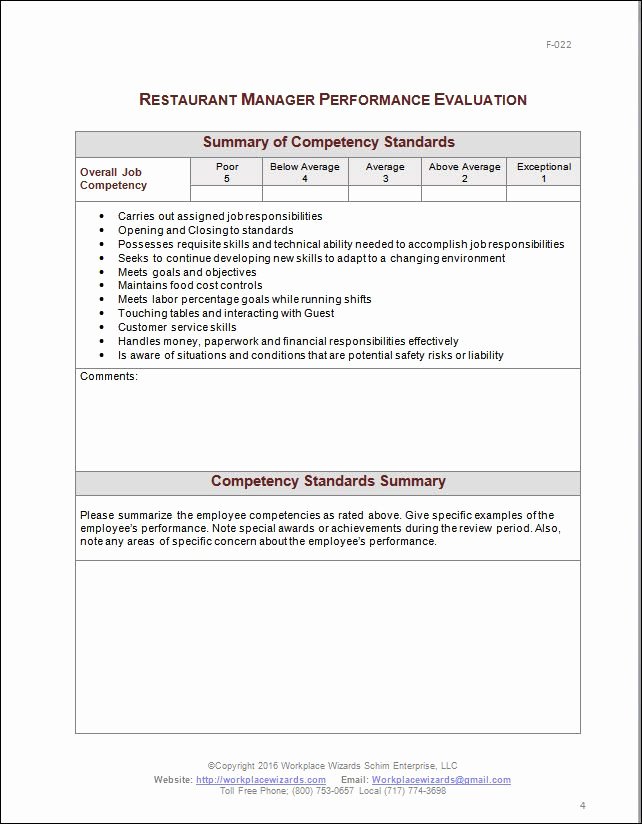 Restaurant Employee Evaluation forms New Restaurant Manager Performance Evaluation form Eval