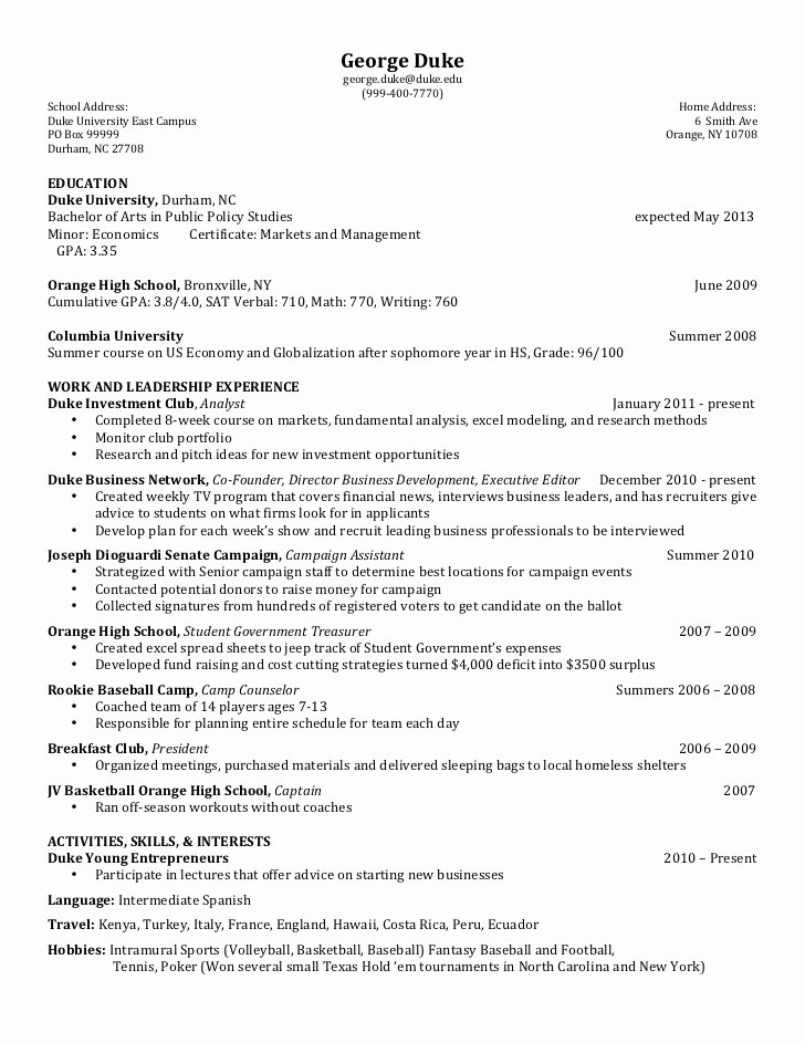 Resume for College Freshmen Unique sophomore Resume