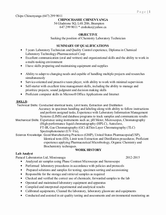 Resume for Lab Technician Fresh Lab Technician Resume 2015
