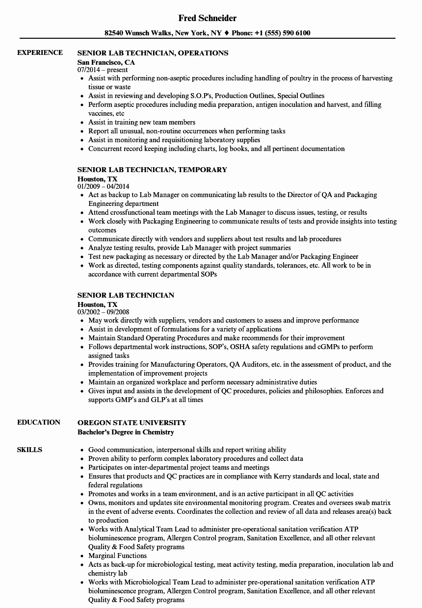 Resume for Laboratory Technician Beautiful Senior Lab Technician Resume Samples