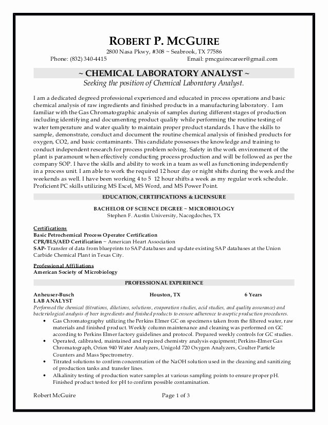 Resume for Laboratory Technician Luxury Chemical Lab Technician Resume 2 13 15