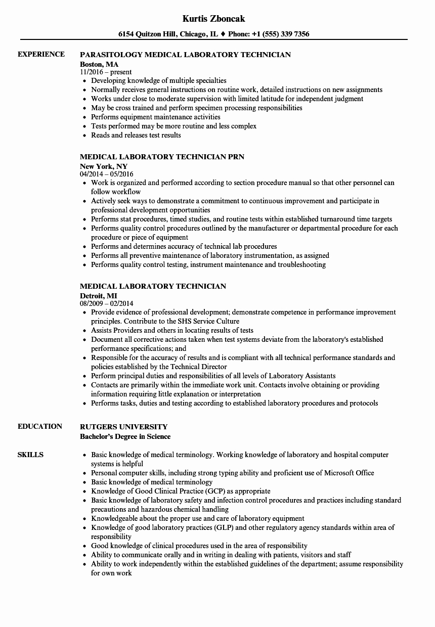 Resume for Laboratory Technician Unique Medical Laboratory Technician Resume Samples