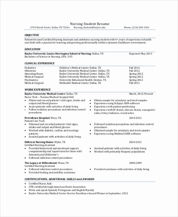 Resume for Nursing Student Lovely Sample Nursing Resume 7 Documents In Pdf Word