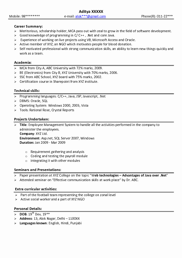 Resume format for Freshers Inspirational Sample Resume for Fresher