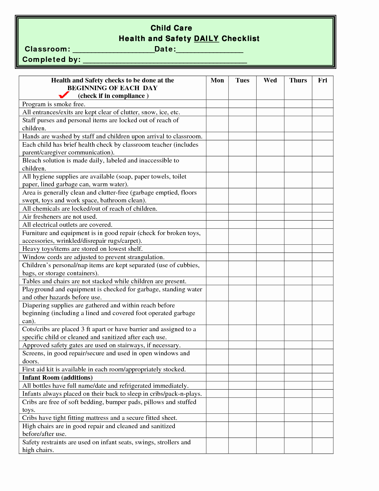 Safety Plan Template for Students Lovely Child Care Health and Safety Daily Checklist Classroom