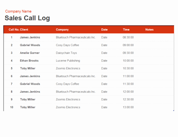 Sales Call Reporting Template Fresh Sales Call Log and organiser