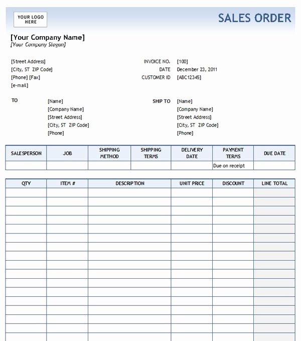 Sales order form Template Fresh Sales order with Blue Gra Nt Design Excel format