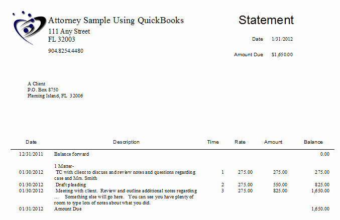 Sample attorney Billing Statement Inspirational Law Firm Sample Statement From Quickbooks
