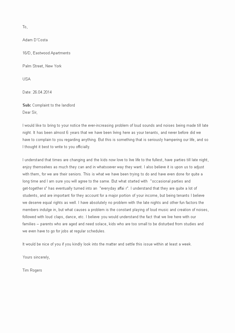 sample plaint letter to landlord