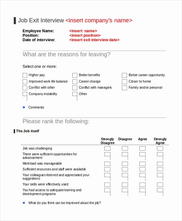 Sample Exit Interview forms Inspirational Free 10 Sample Exit Interview forms In Pdf